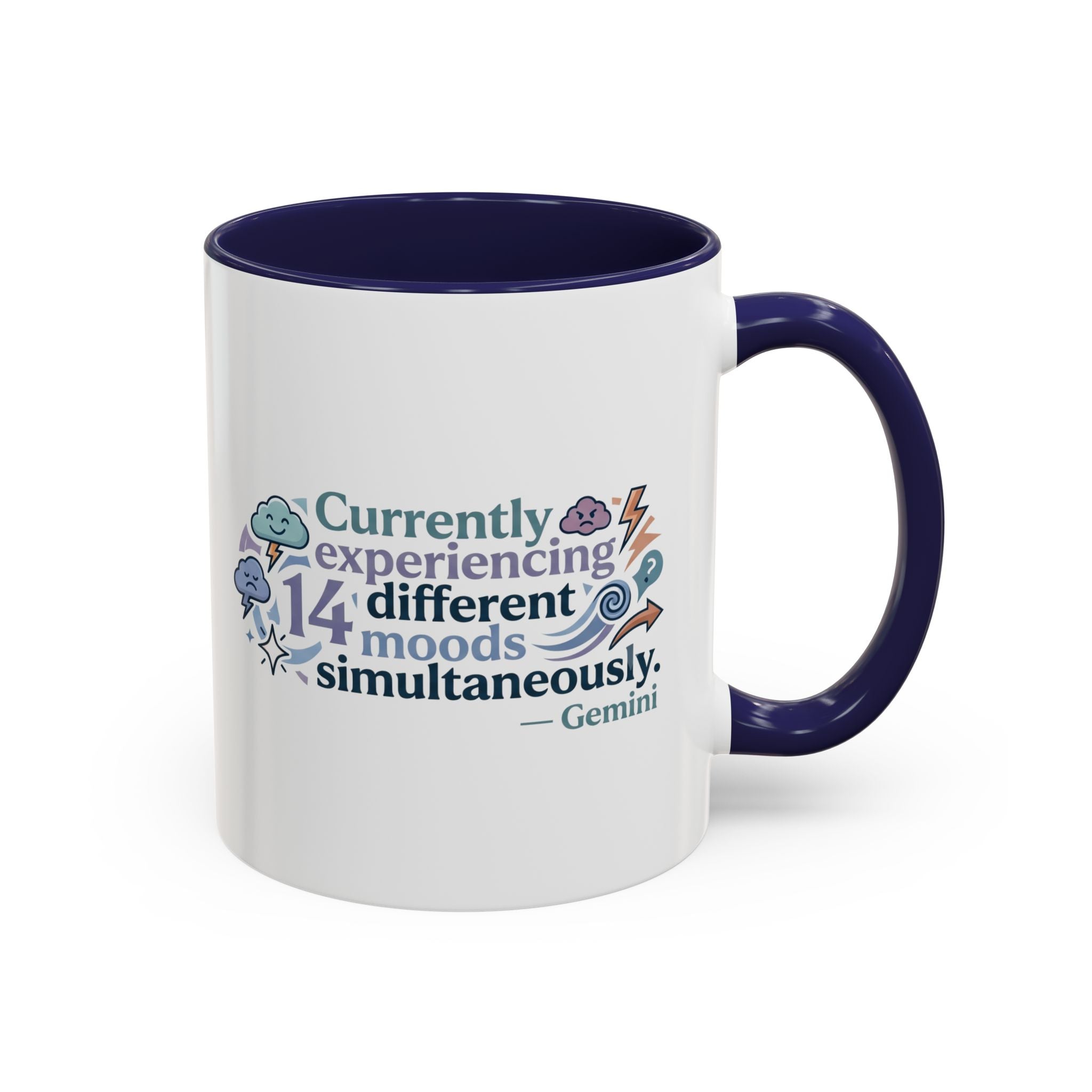 Gemini Mood Coffee Mug — "Currently Experiencing 14 Different Moods" Accent Ceramic Mug