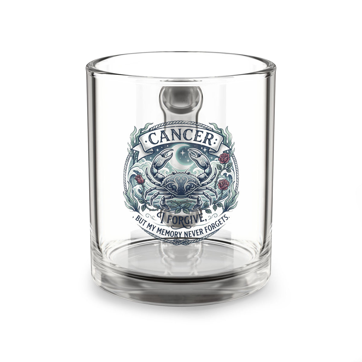 Cancer Zodiac Glass Mug — 10oz Crab Horoscope Design, "I Forgive But My Memory Never Forgets"