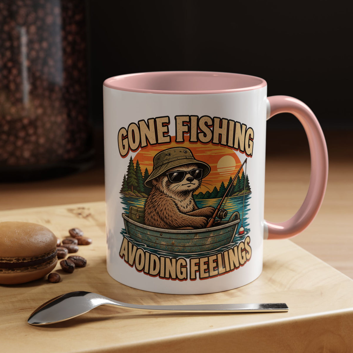 Funny And Witty "Gone Fishing Avoiding Feelings" Accent Coffee Mug (11, 15oz)