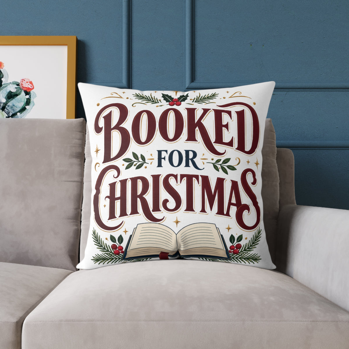 Christmas Book Lover Pillow — "Booked for Christmas" Decorative Throw Pillow