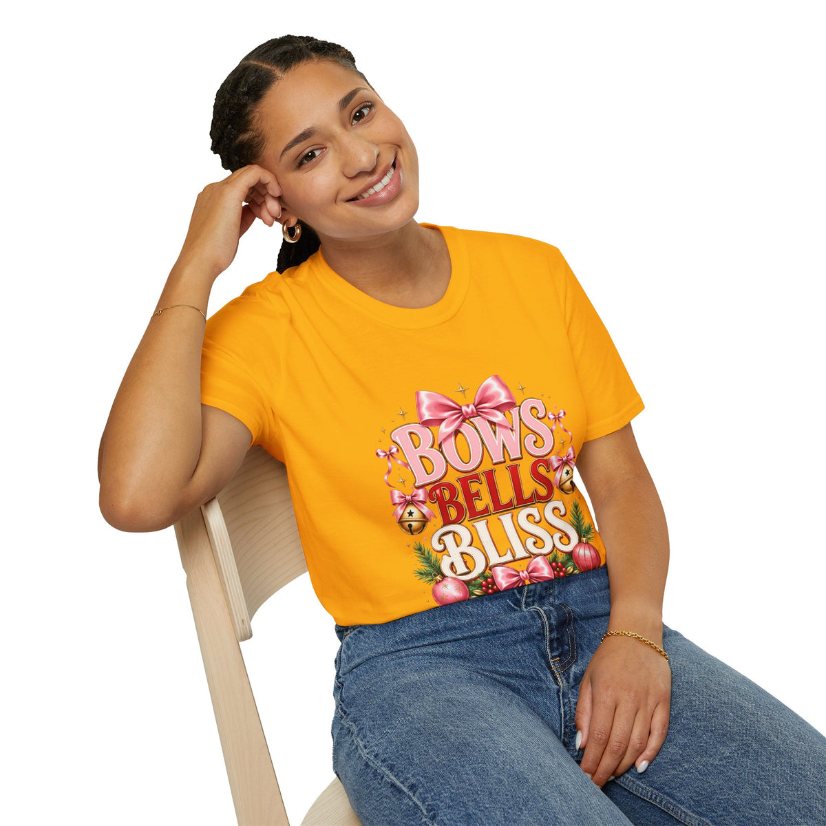 T-Shirt — "Bows Bells Bliss" Pink Holiday Graphic Tee