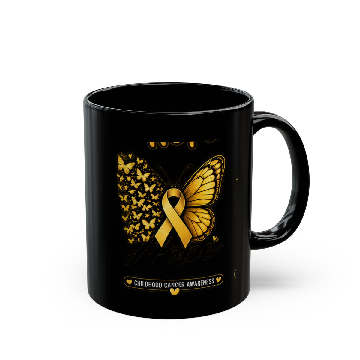Childhood Cancer Awareness Mug — Gold Ribbon Butterfly Black Coffee Cup (11oz, 15oz)