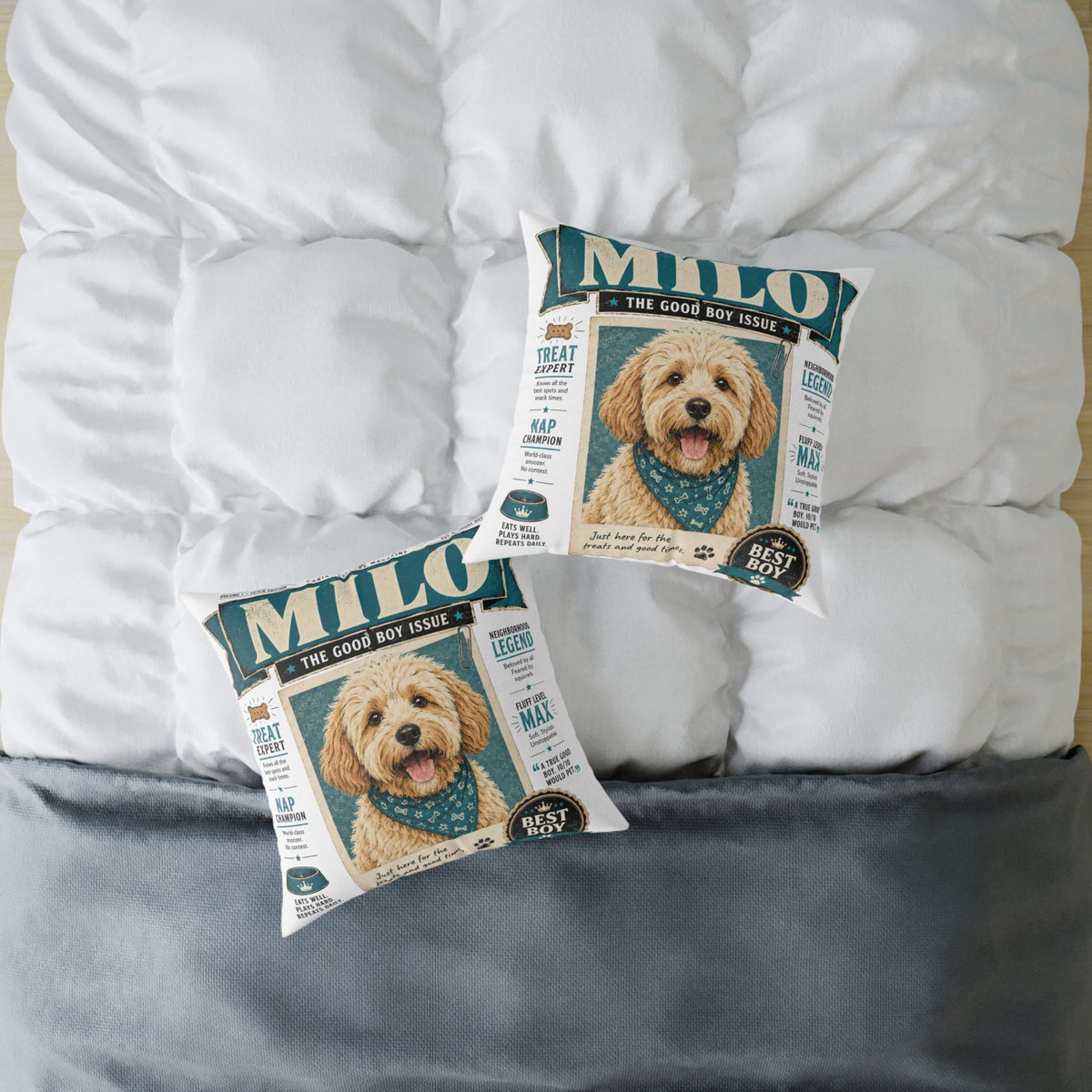 Personalized Dog Magazine Cover Pillow  Milo Bailey Dog Dad Mom — 'MILO' Square Poly Canvas Throw Pillow