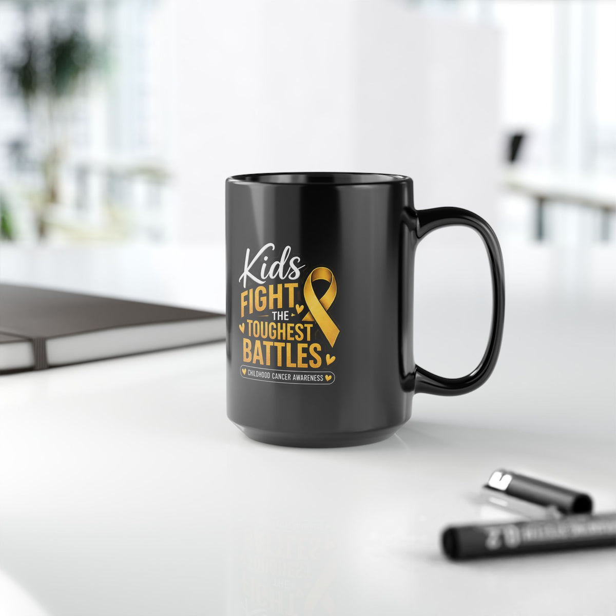 Kids Fight The Toughest Battles Gold Ribbon Childhood Cancer Awareness Mug (Black, 11oz/15oz)