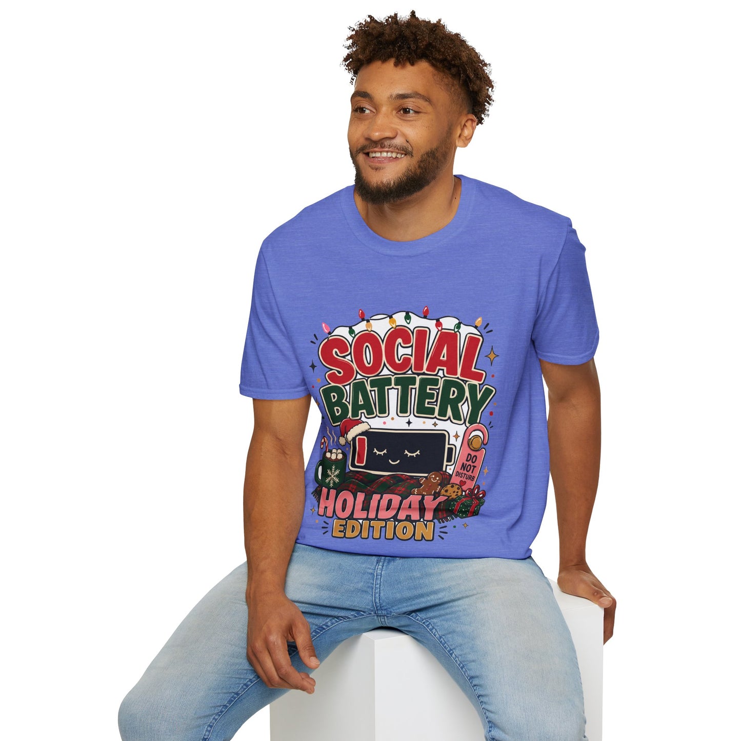 Social Battery Holiday T‑Shirt — Funny Christmas Recharge Graphic Tee