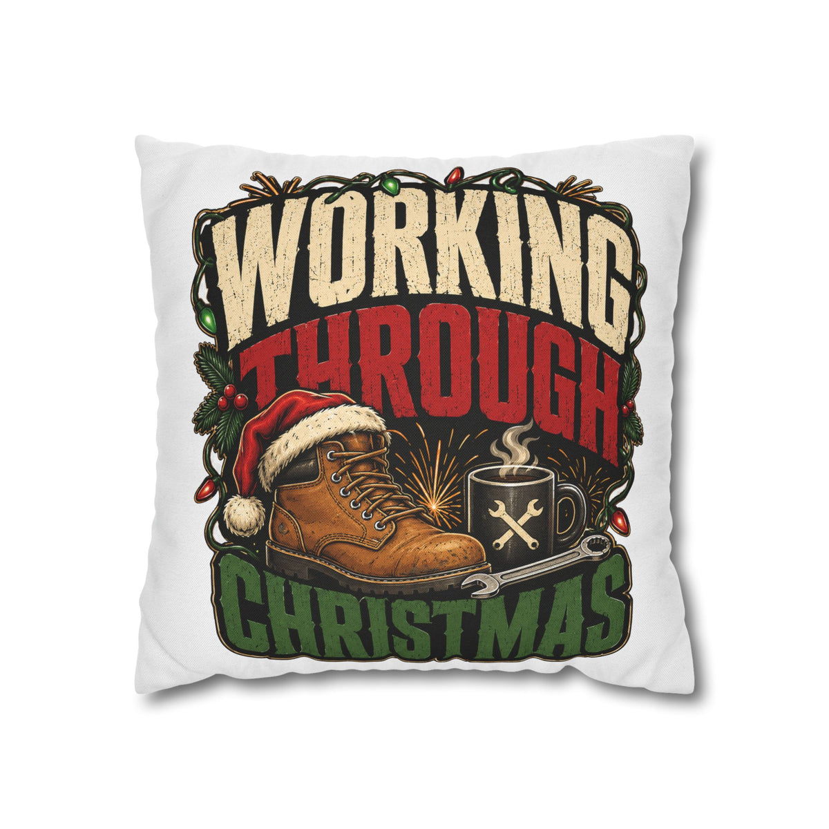 Christmas Work Boots Pillowcase Modern Day Christmas  – "Working Through Christmas" Holiday Throw Pillow Cover