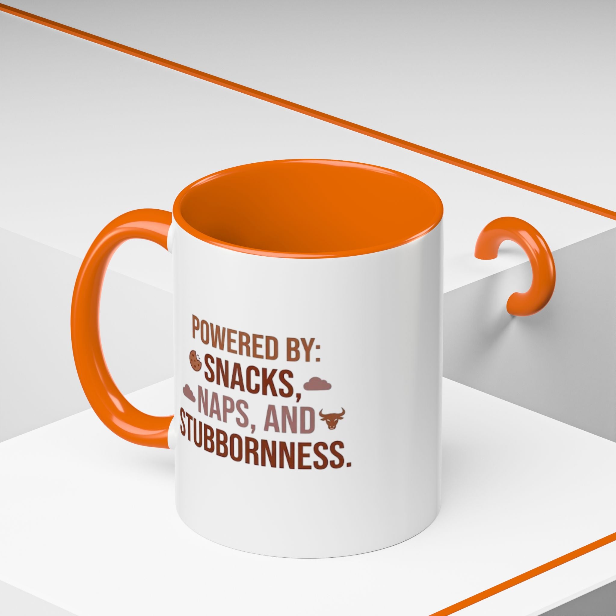 Coffee Mug — "Powered by: Snacks, Naps, and Stubbornness" Ceramic Accent Mug