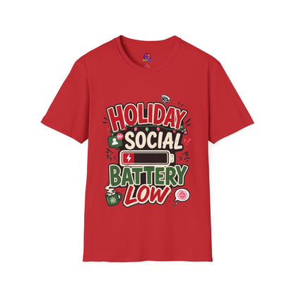 Holiday Social "Battery Low" T‑Shirt — Funny Festive Party Tee for Introverts & Holiday Gatherings