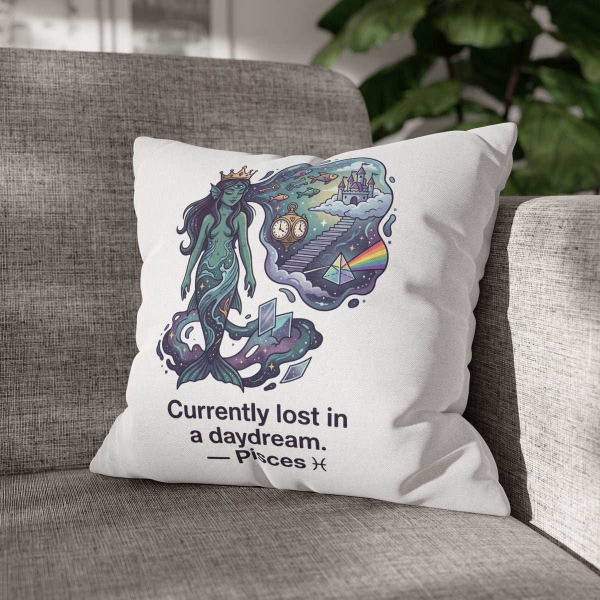 Pisces Mermaid Pillowcase — "Currently Lost in a Daydream" Decorative Throw Pillow