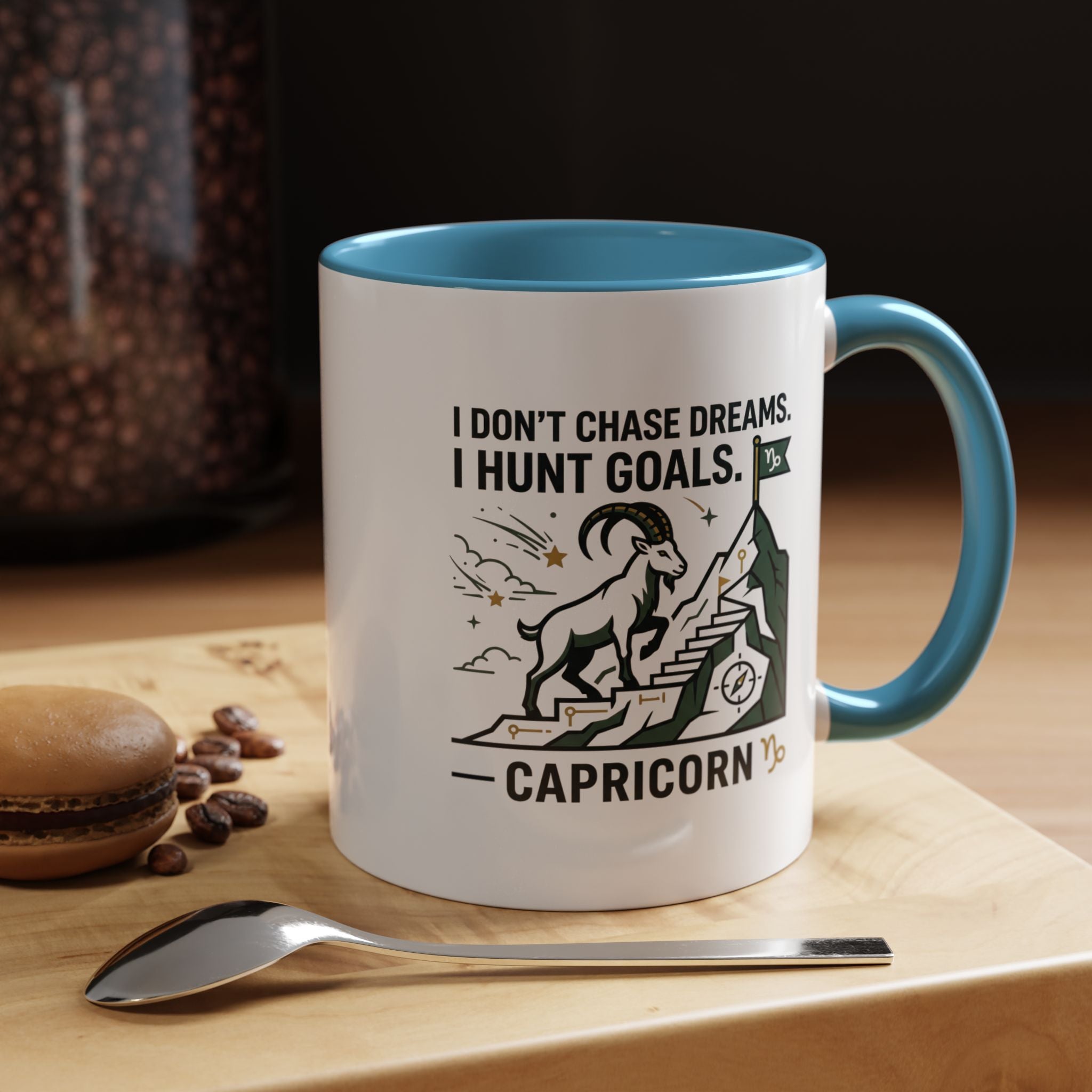 Capricorn Coffee Mug — “I Don't Chase Dreams, I Hunt Goals” Zodiac Accent Mug