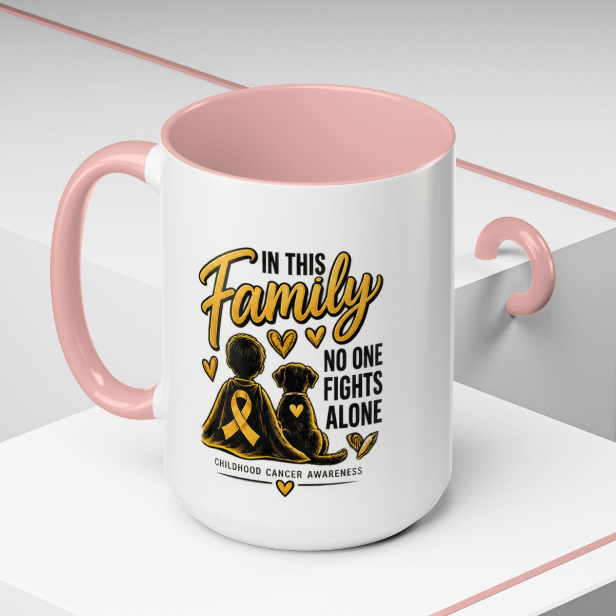 Childhood Cancer Awareness Coffee Mug — "In This Family No One Fights Alone"