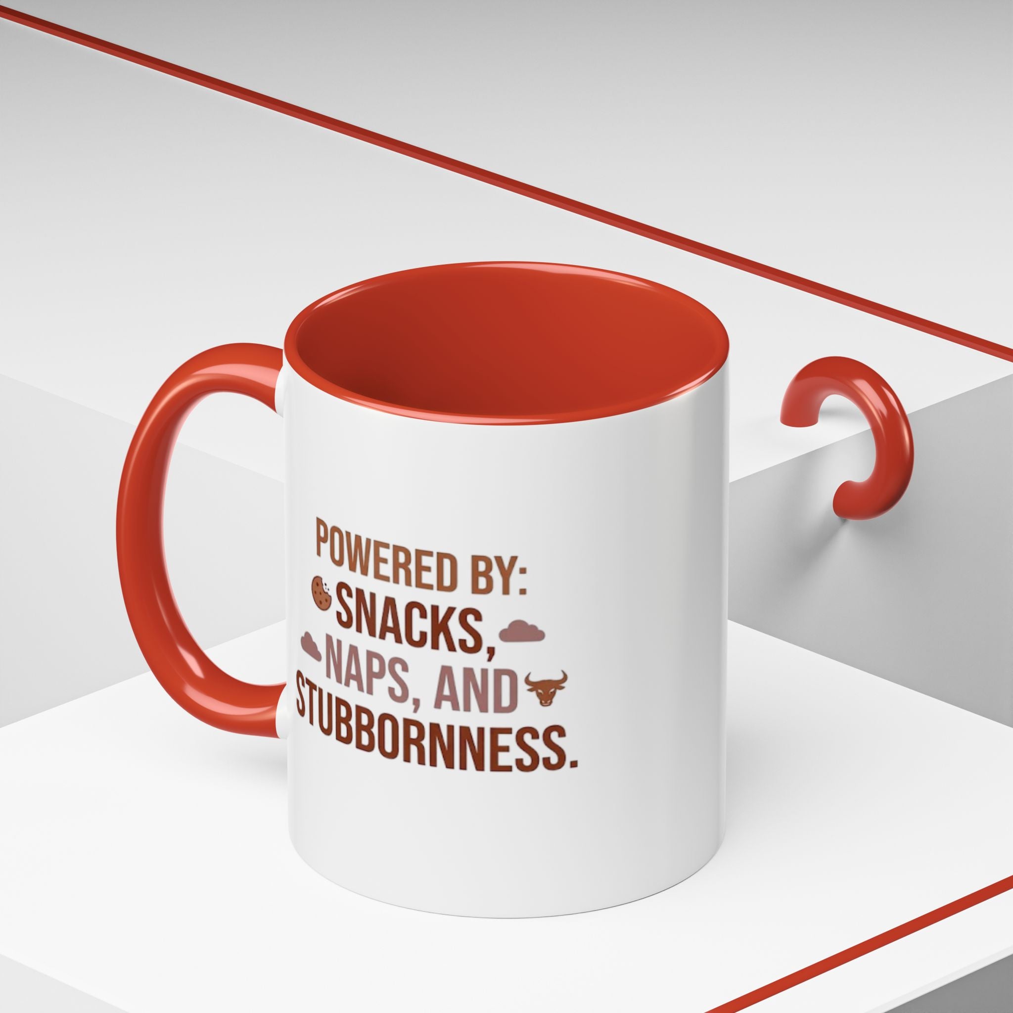 Coffee Mug — "Powered by: Snacks, Naps, and Stubbornness" Ceramic Accent Mug