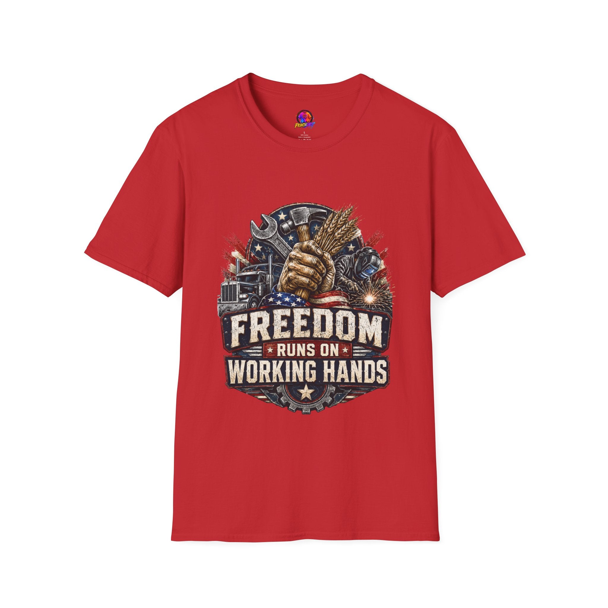 Freedom Runs on Working Hands T-Shirt — Patriotic Mechanic Tool & Wheat Design