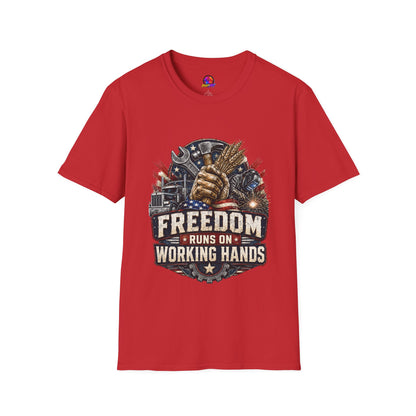 Freedom Runs on Working Hands T-Shirt — Patriotic Mechanic Tool & Wheat Design