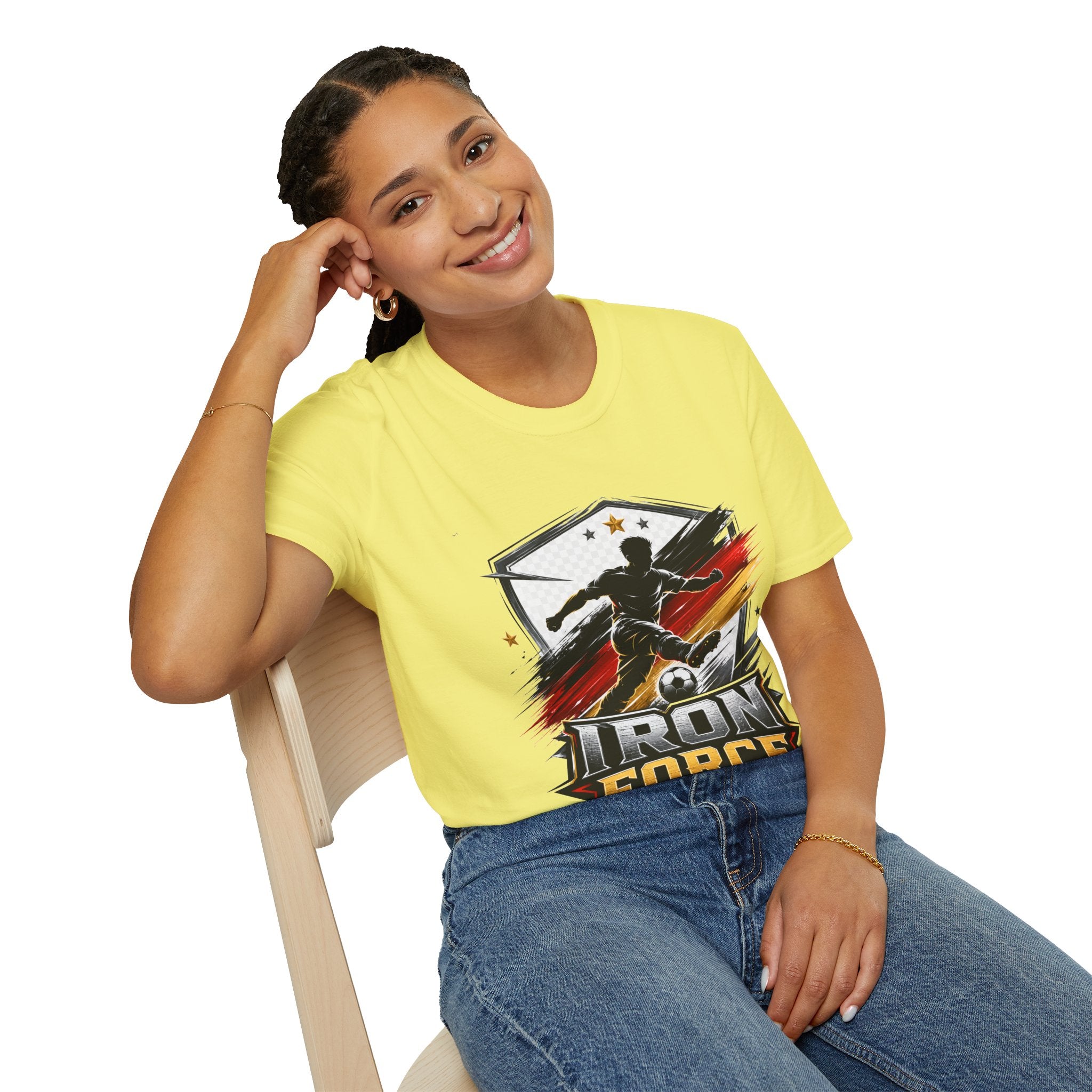 Germany Soccer 'Iron Force' Graphic T-Shirt — Player Silhouette with Red & Gold Brushstroke Emblem