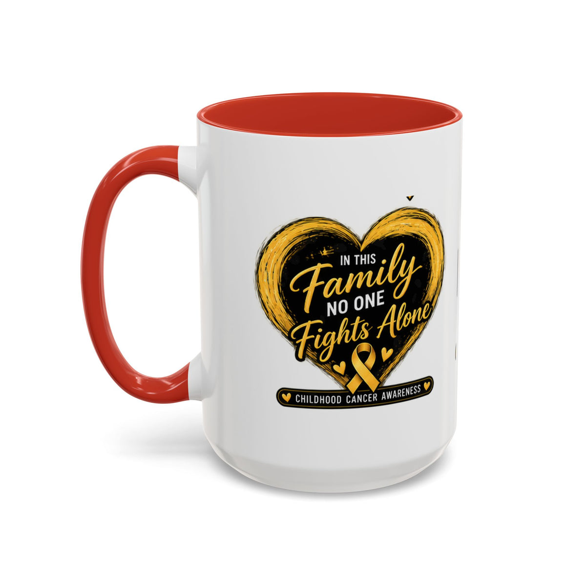 Childhood Cancer Awareness Accent Coffee Mug — "In This Family No One Fights Alone"