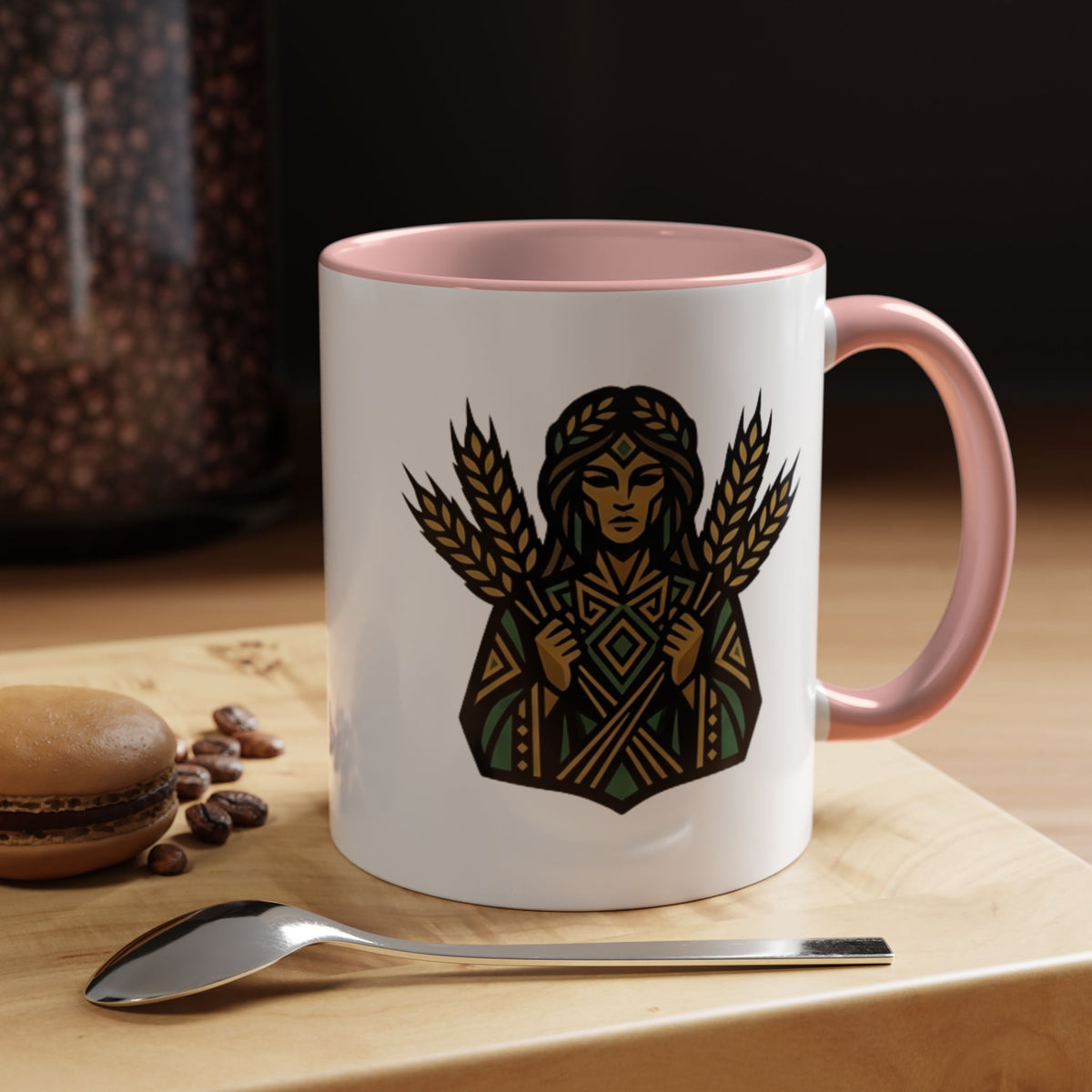 Virgo Zodiac Harvest Goddess Accent Coffee Mug — Rustic Wheat & Earthy Green Tribal Design