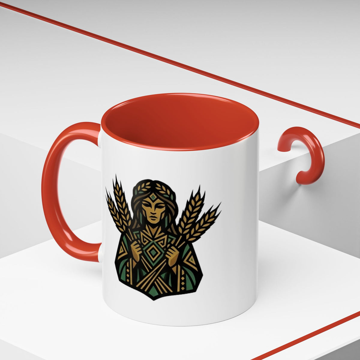 Virgo Zodiac Harvest Goddess Accent Coffee Mug — Rustic Wheat & Earthy Green Tribal Design