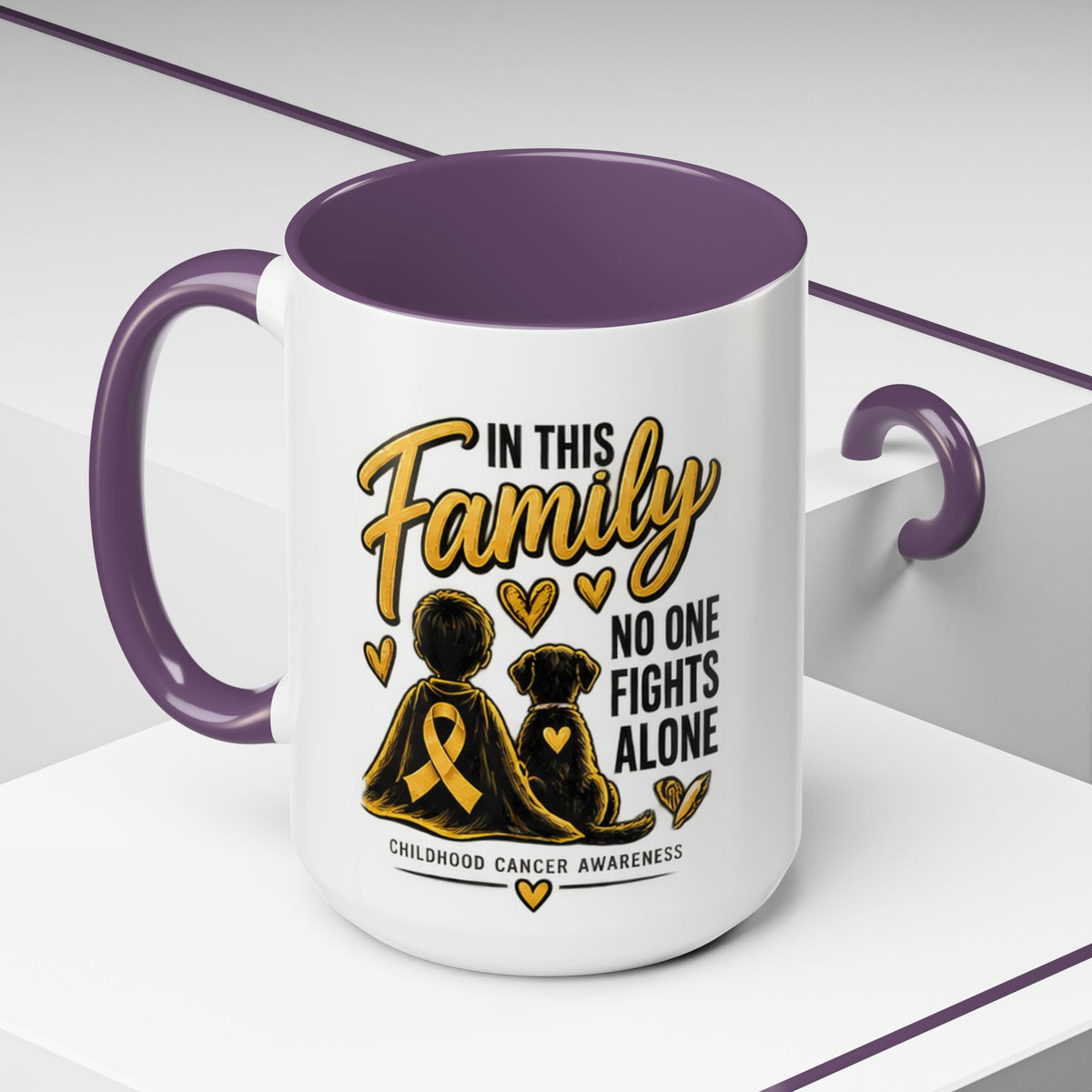 Childhood Cancer Awareness Accent Coffee Mug – "In This Family No One Fights Alone" (11/15oz)