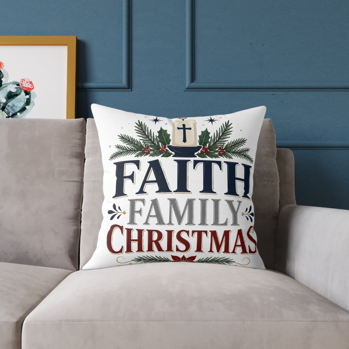 Christmas Pillow - 'Faith Family Christmas' Holiday Decorative Throw Pillow