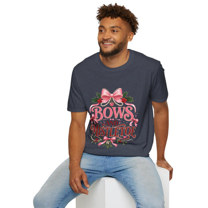 Bows and Mistletoe T-Shirt — Pink Holiday Bow Christmas Tee