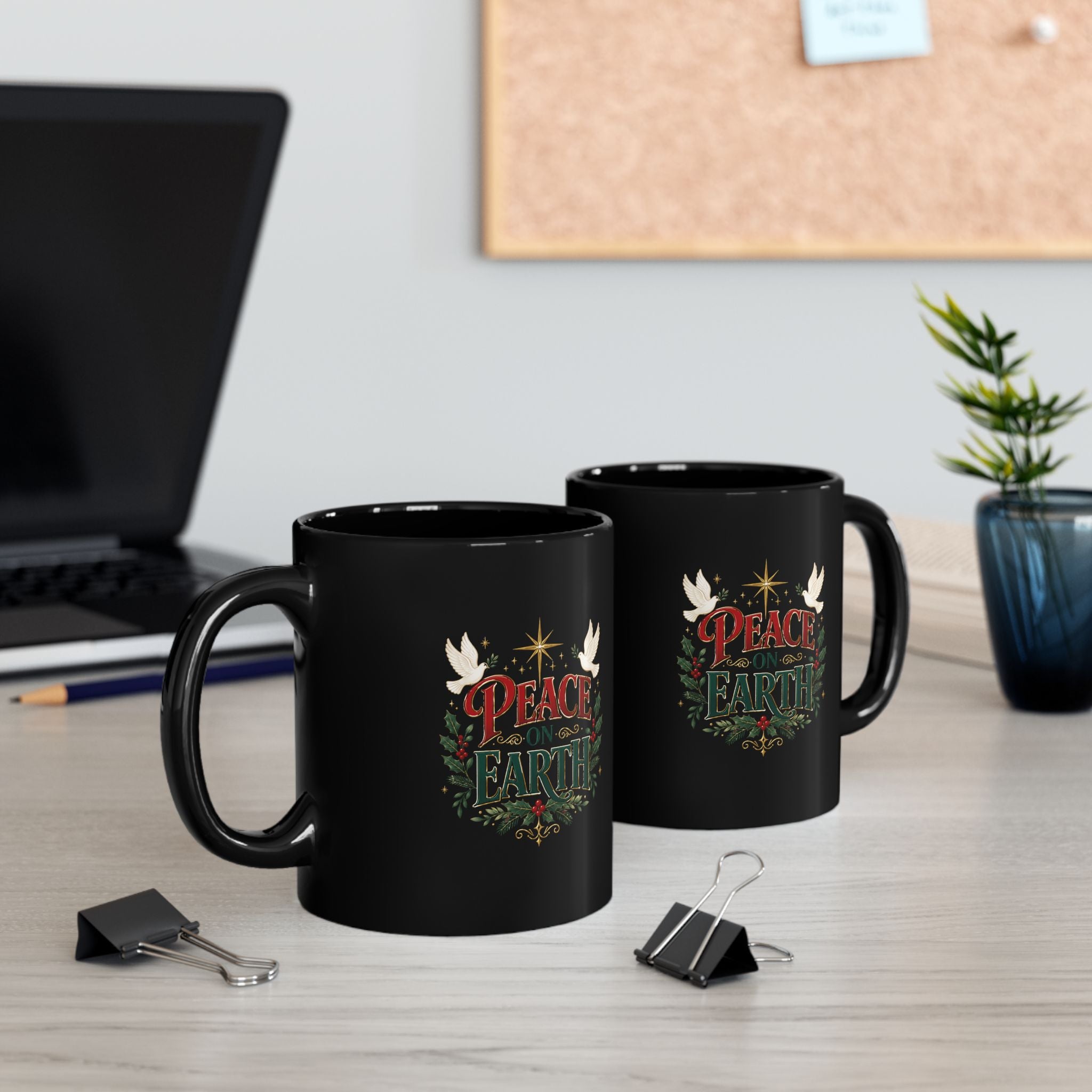 Peace on Earth Black Mug — Holiday Christmas Wreath Coffee Cup