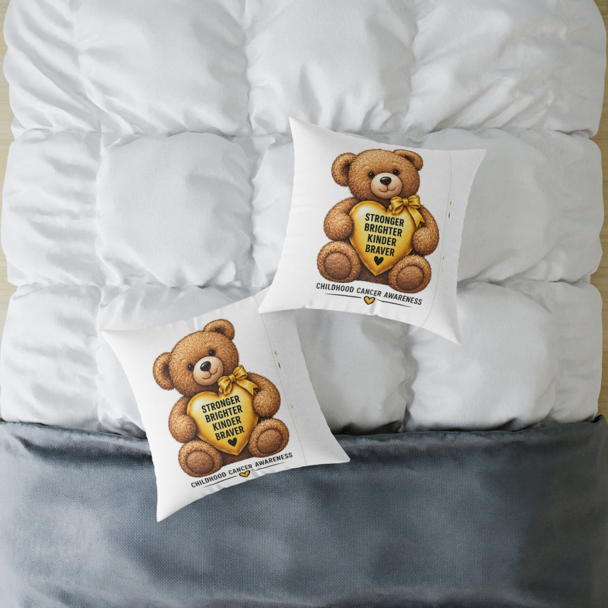 Childhood Cancer Awareness Teddy Bear Pillow — "Stronger Brighter Kinder Braver" Square Throw Pillow