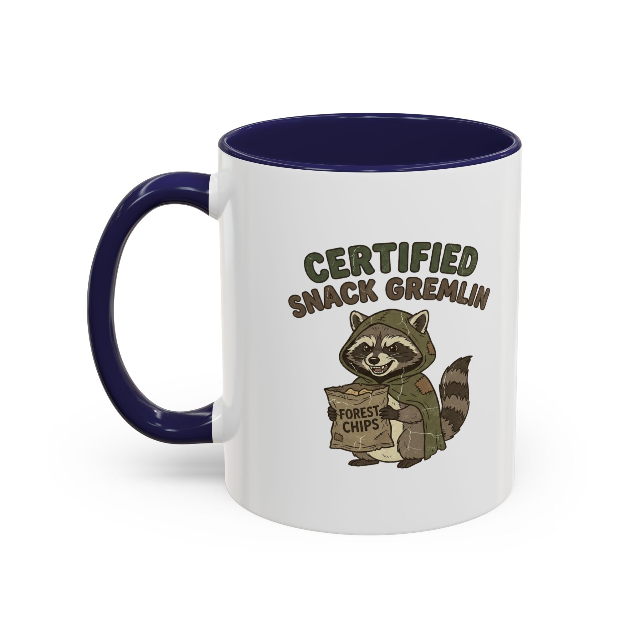 Funny Certified Snack Gremlin Coffee Mug — Cute Raccoon Snack Lover Accent Mug