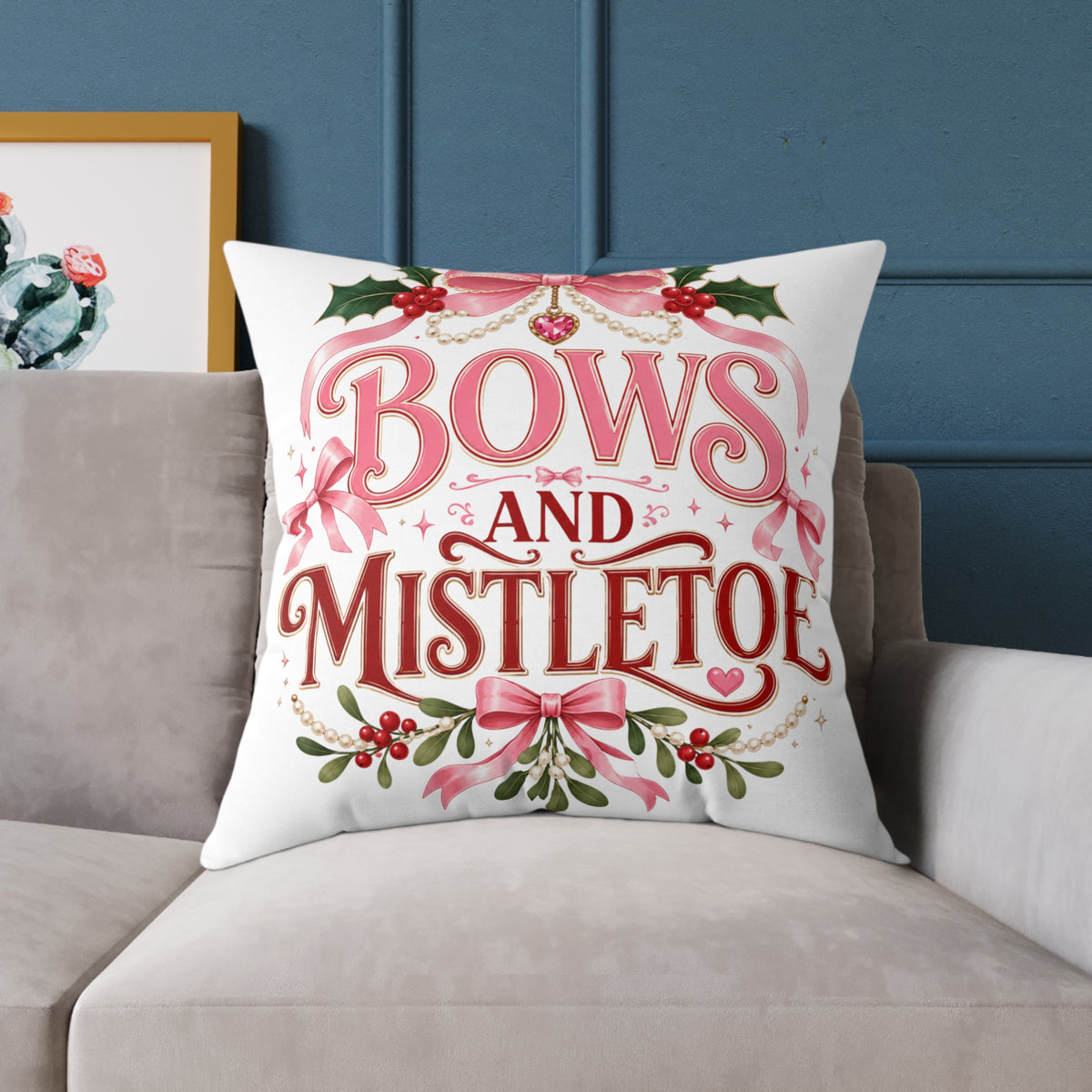 Christmas Bows And Mistletoe Square Poly Canvas Pillow