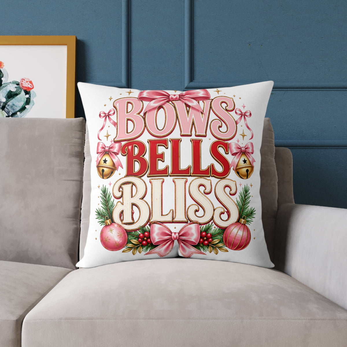 Christmas Bows Bells Bliss Square Poly Canvas Pillow