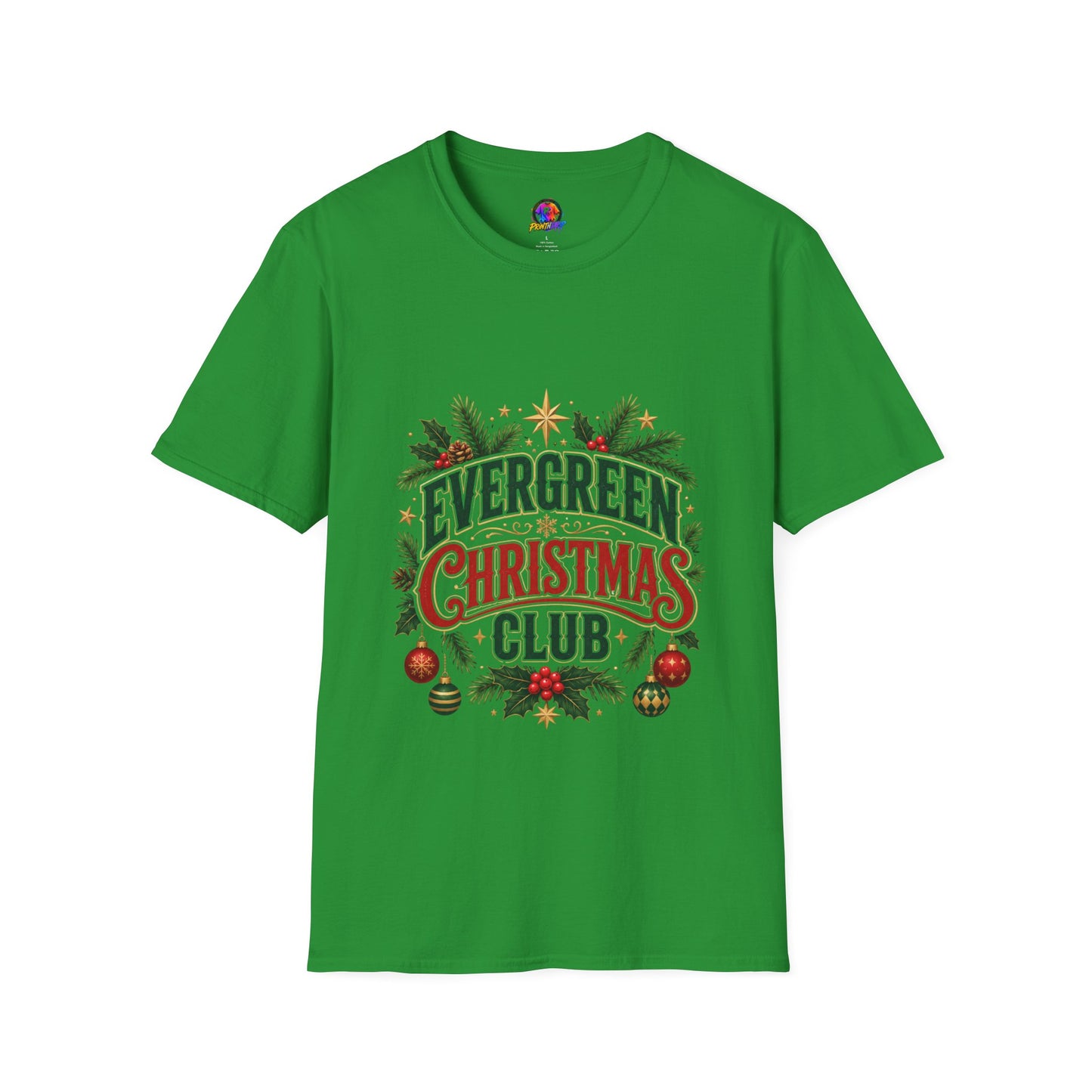 Evergreen Christmas Club T-Shirt — Vintage Holiday Pine & Ornaments Tee