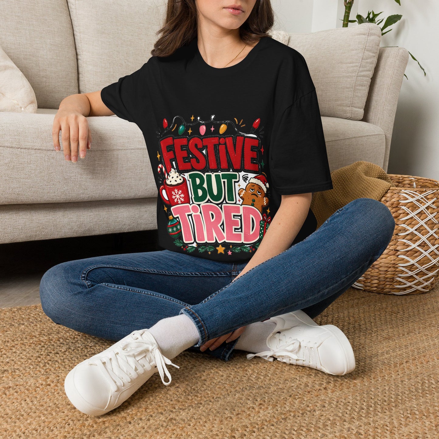 Festive But Tired T-Shirt — Holiday Christmas Crew Tee with Lights & Gingerbread