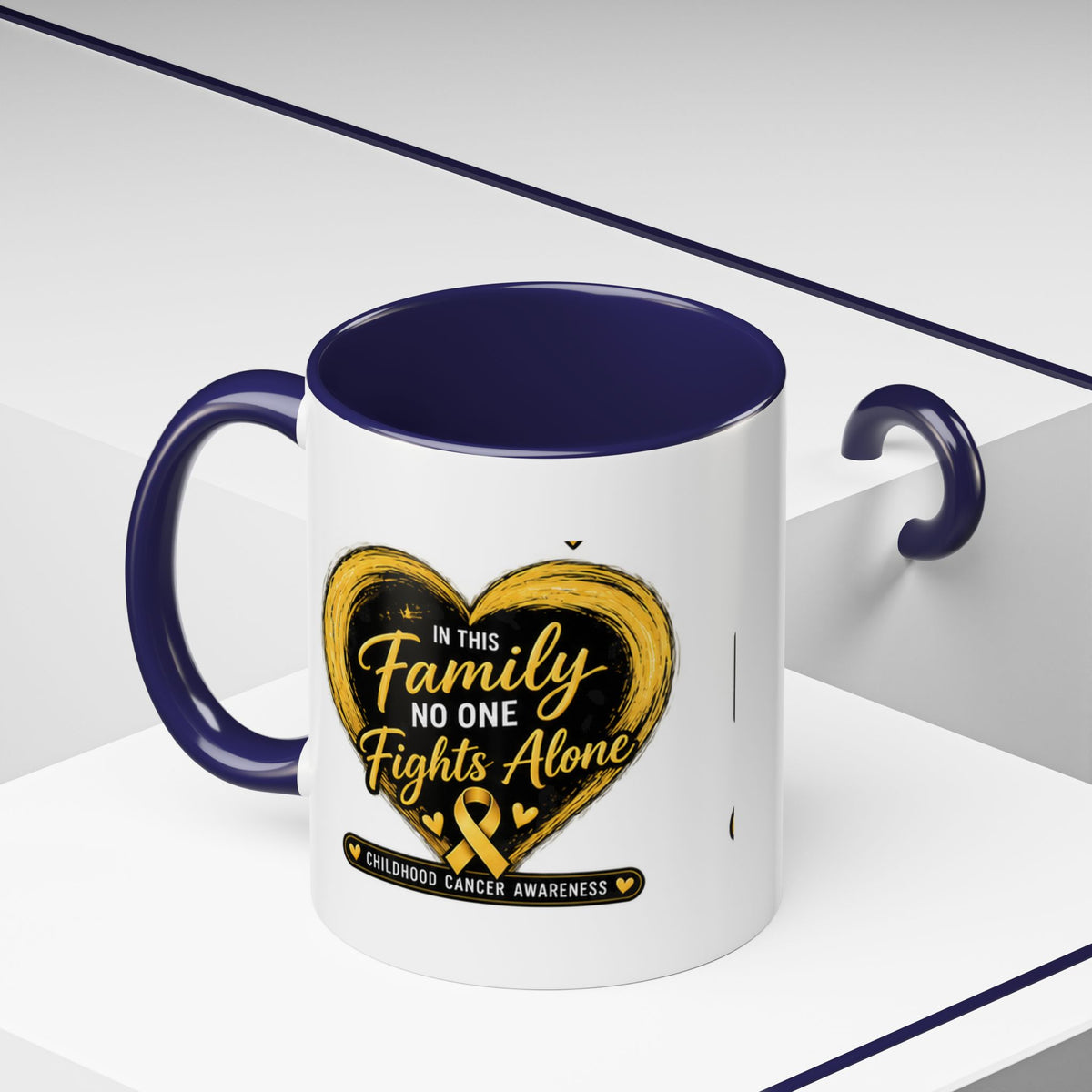 Childhood Cancer Awareness Accent Coffee Mug — "In This Family No One Fights Alone"