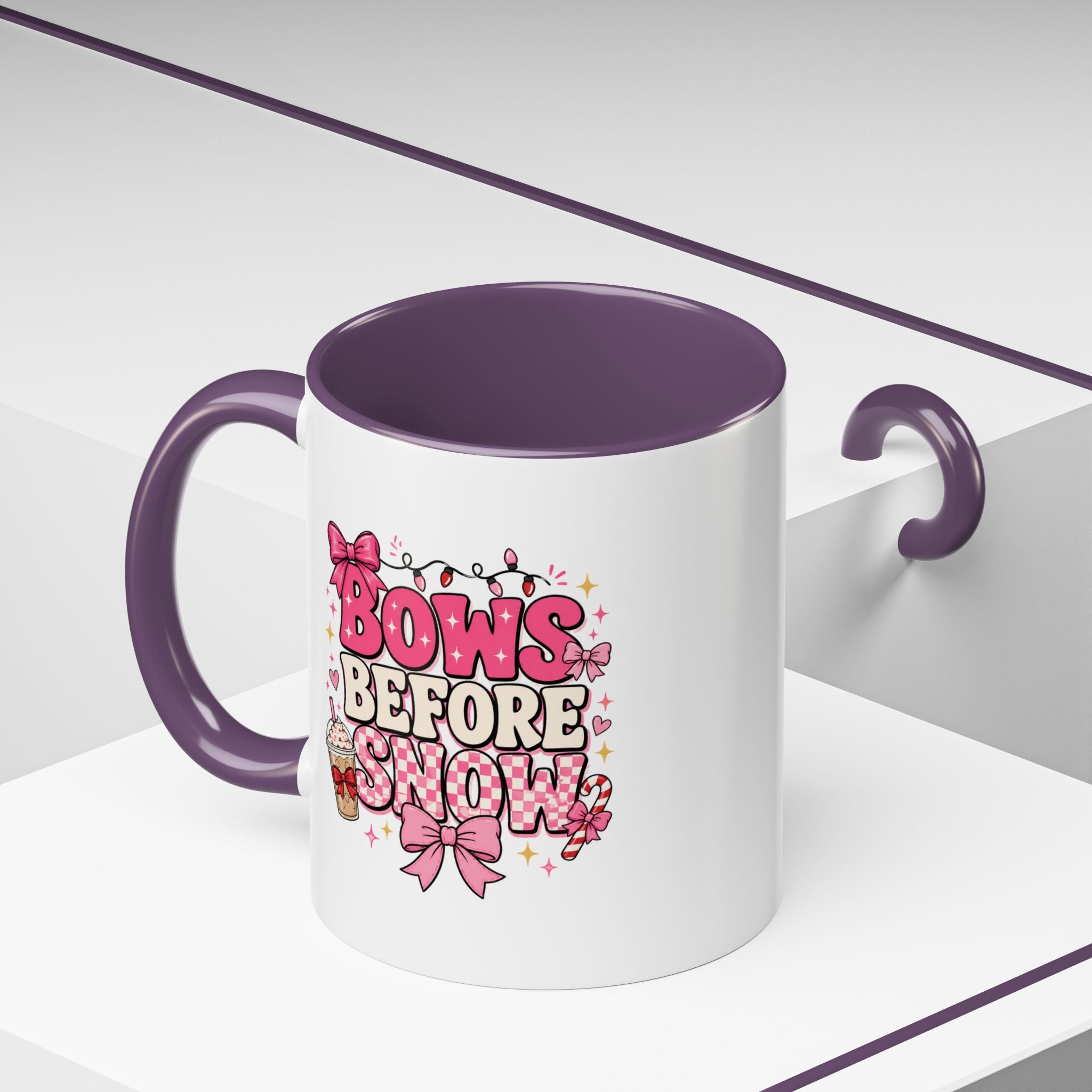 Modern Day Christmas Bows Before Snow Accent Coffee Mug — Cute Pink Holiday Hot Cocoa Design (11/15oz)