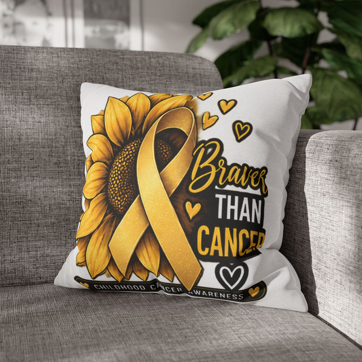 Childhood Cancer Brave Than Cancer Sunflower Ribbon Square Pillowcase