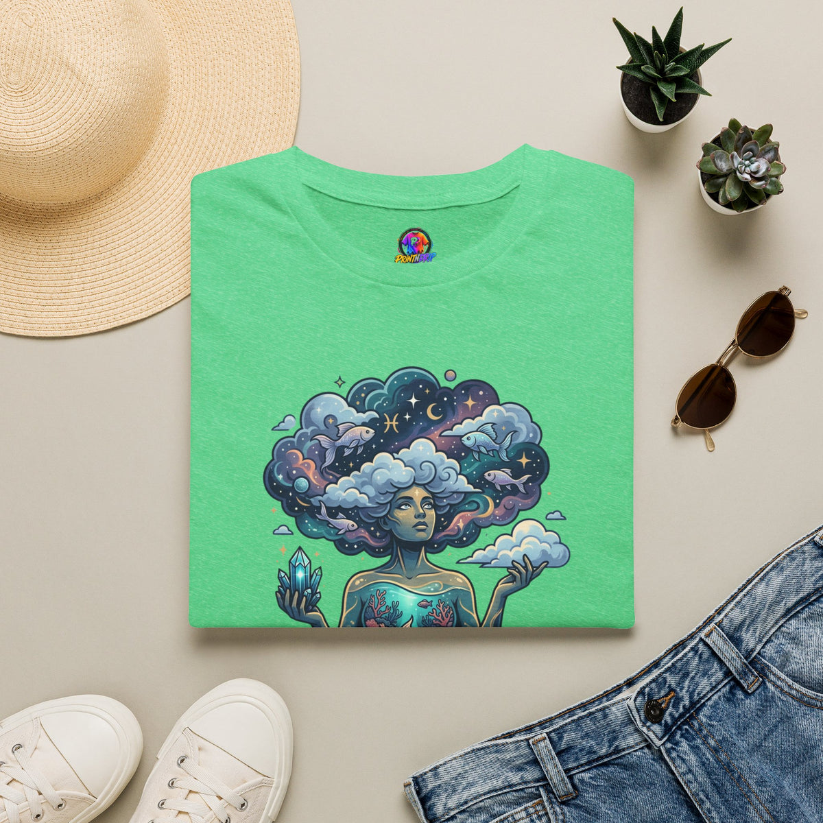 Pisces Zodiac in the Clouds T-Shirt — Dreamy Cosmic Woman Graphic Tee