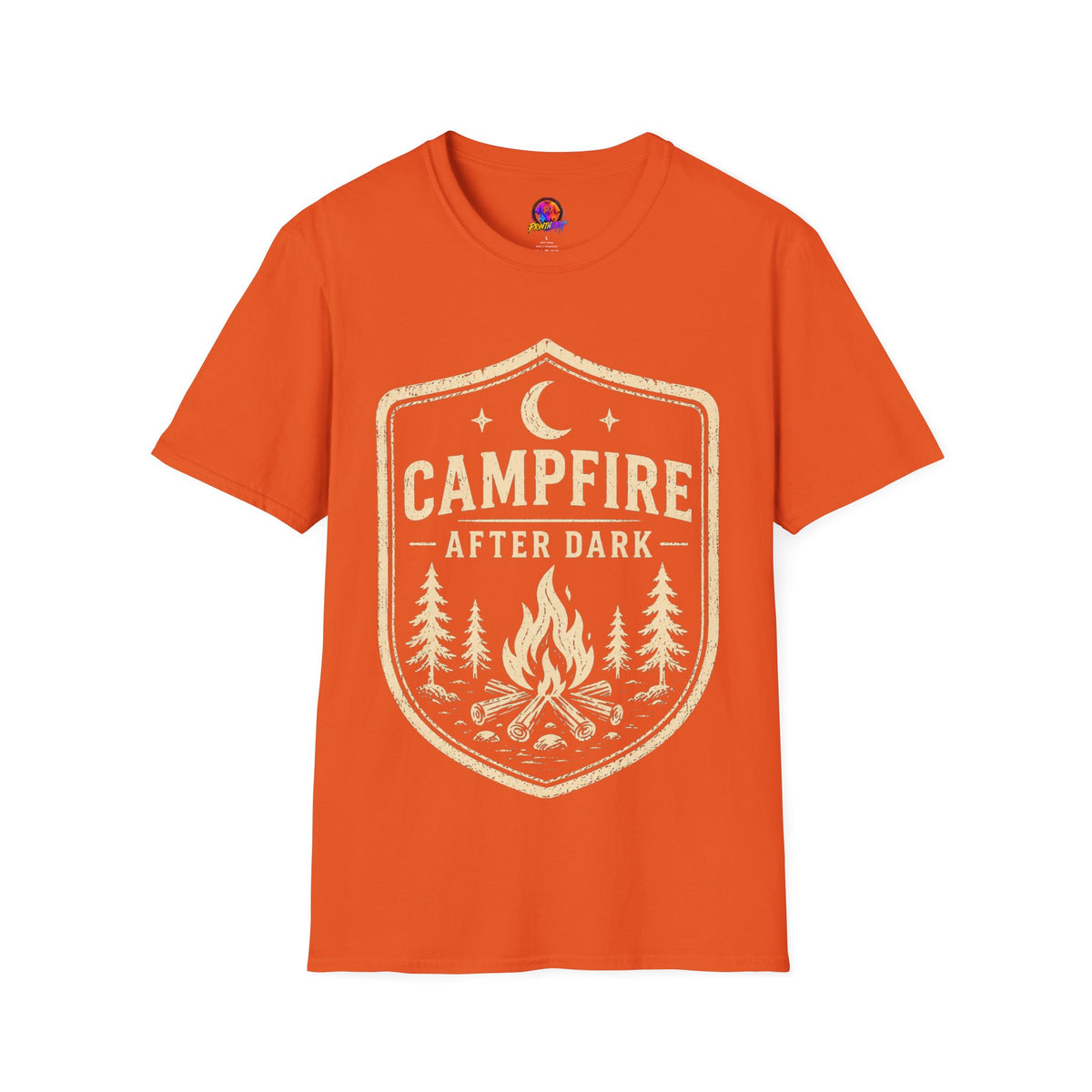 Campfire After Dark T-Shirt — Retro Camping Badge Tee for Outdoor Lovers