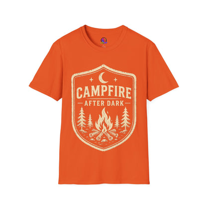 Campfire After Dark T-Shirt — Retro Camping Badge Tee for Outdoor Lovers