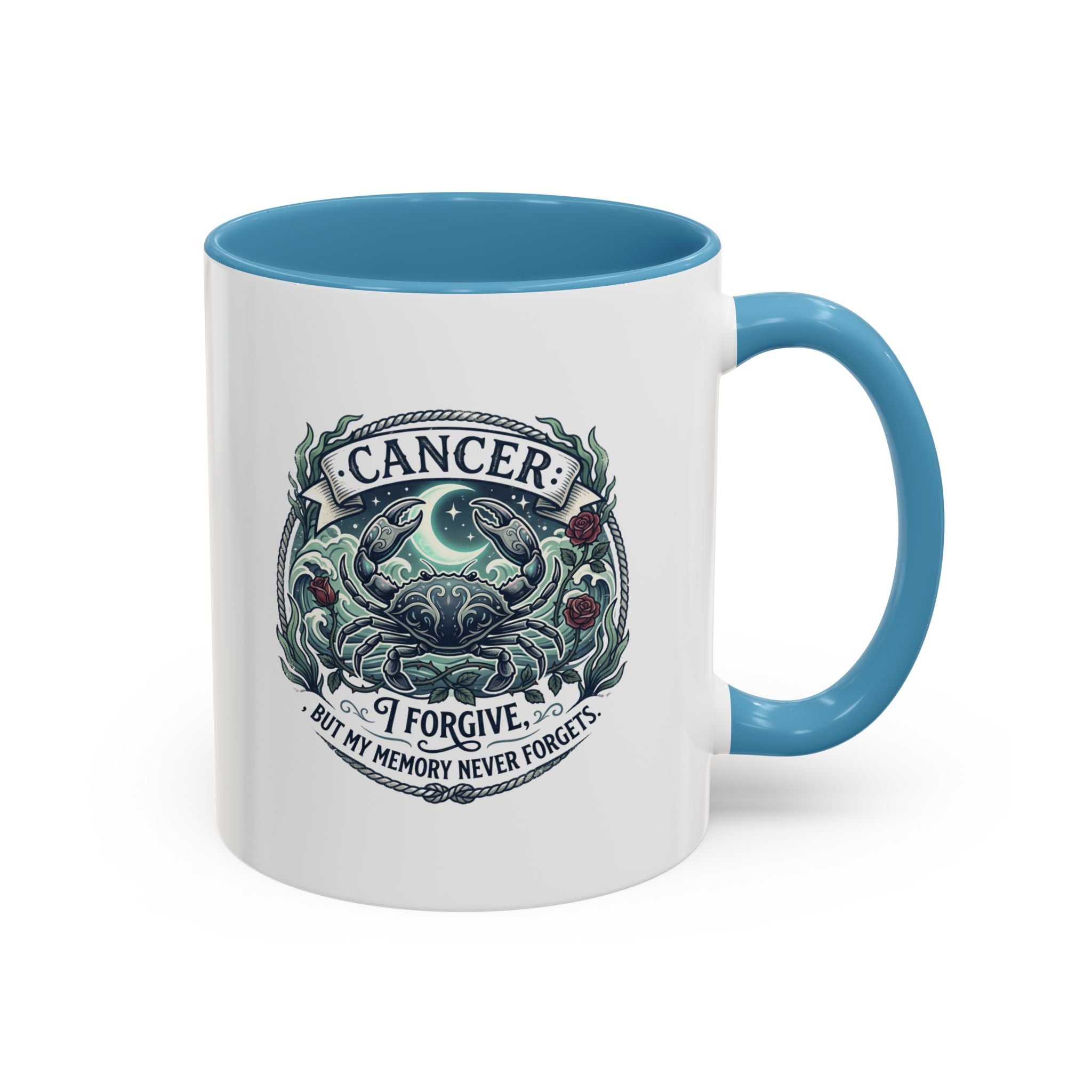 Cancer Zodiac Accent Coffee Mug — 'I Forgive But My Memory Never Forgets' Horoscope Gift