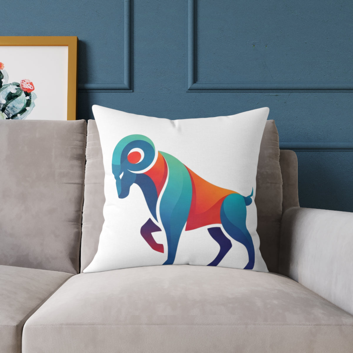 Aries Zodiac Ram Throw Pillow - Colorful Geometric Ram Accent Cushion for Living Room & Nursery