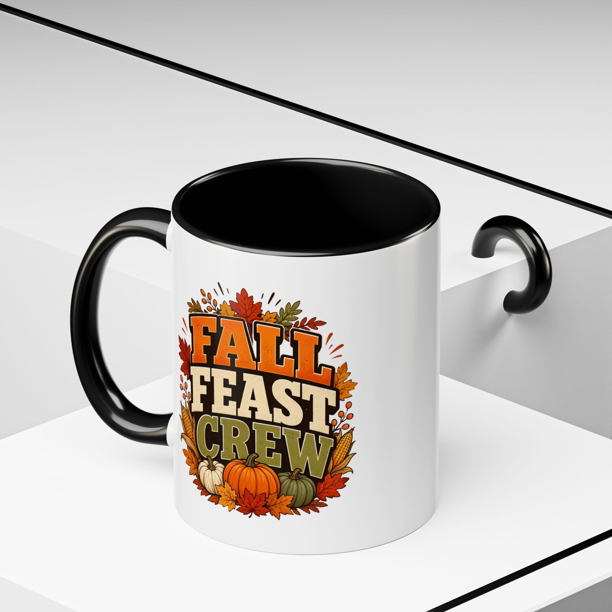Thanksgiving Mug Fall Feast Crew Coffee Mug — Thanksgiving Pumpkin Autumn Leaves Accent Mug
