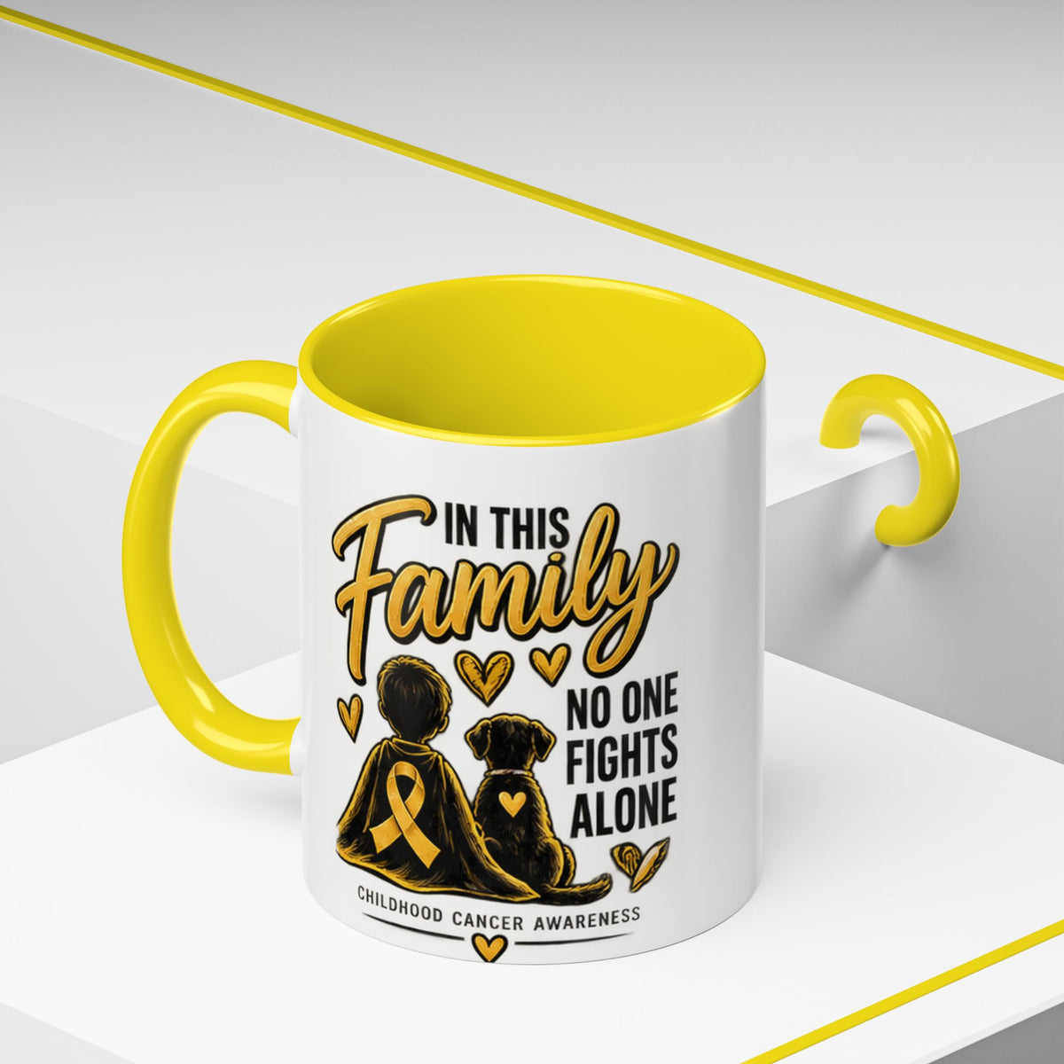 Childhood Cancer Awareness Accent Coffee Mug – "In This Family No One Fights Alone" (11/15oz)