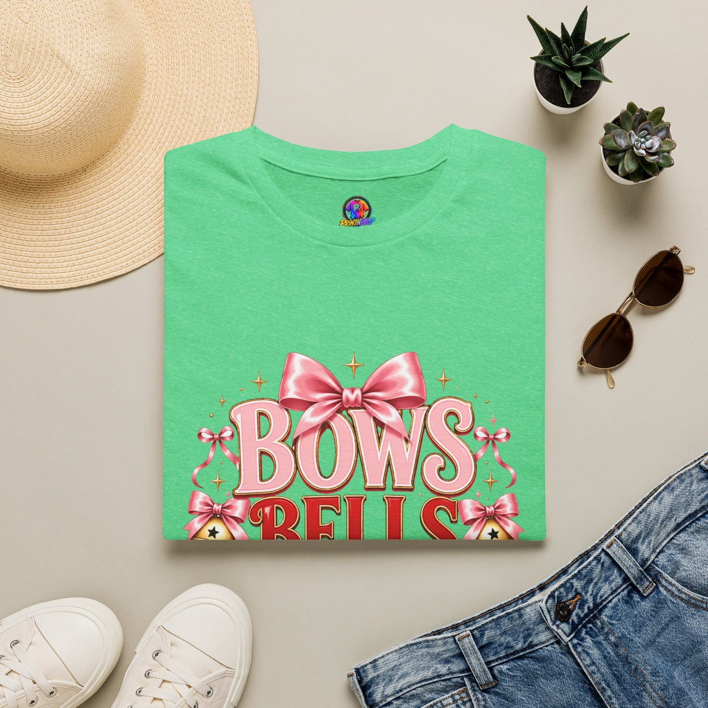 T-Shirt — "Bows Bells Bliss" Pink Holiday Graphic Tee