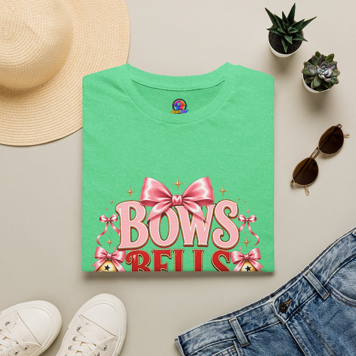 T-Shirt — "Bows Bells Bliss" Pink Holiday Graphic Tee
