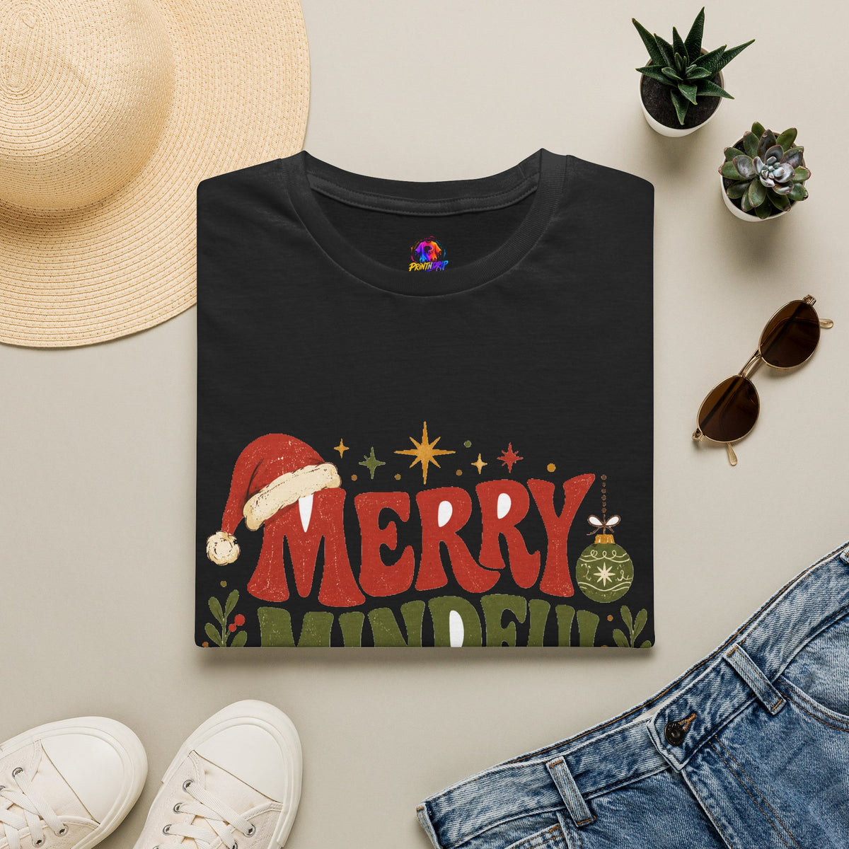 Merry Mindful Mood T-Shirt — Cozy Holiday Christmas Graphic Tee
