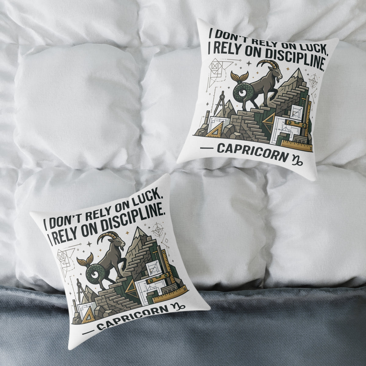 Capricorn Zodiac Pillow — "I Don't Rely on Luck, I Rely on Discipline" Square Decorative Cushion