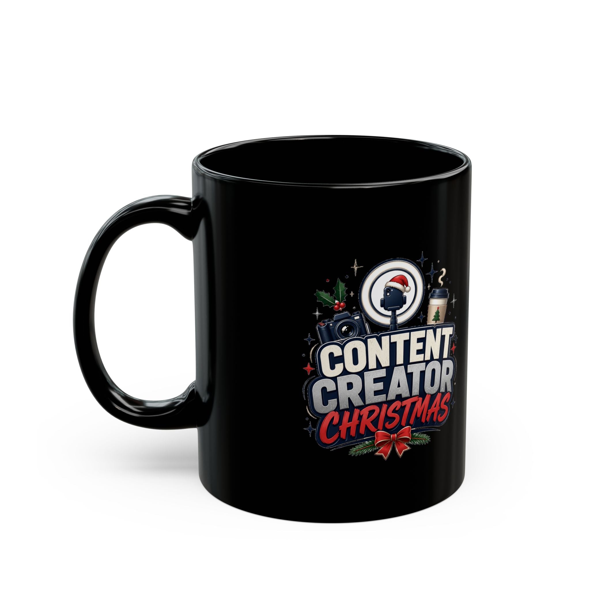 Modern Day Christmas Content Creator Christmas Mug — Black Holiday Coffee Cup for Social Media Creators