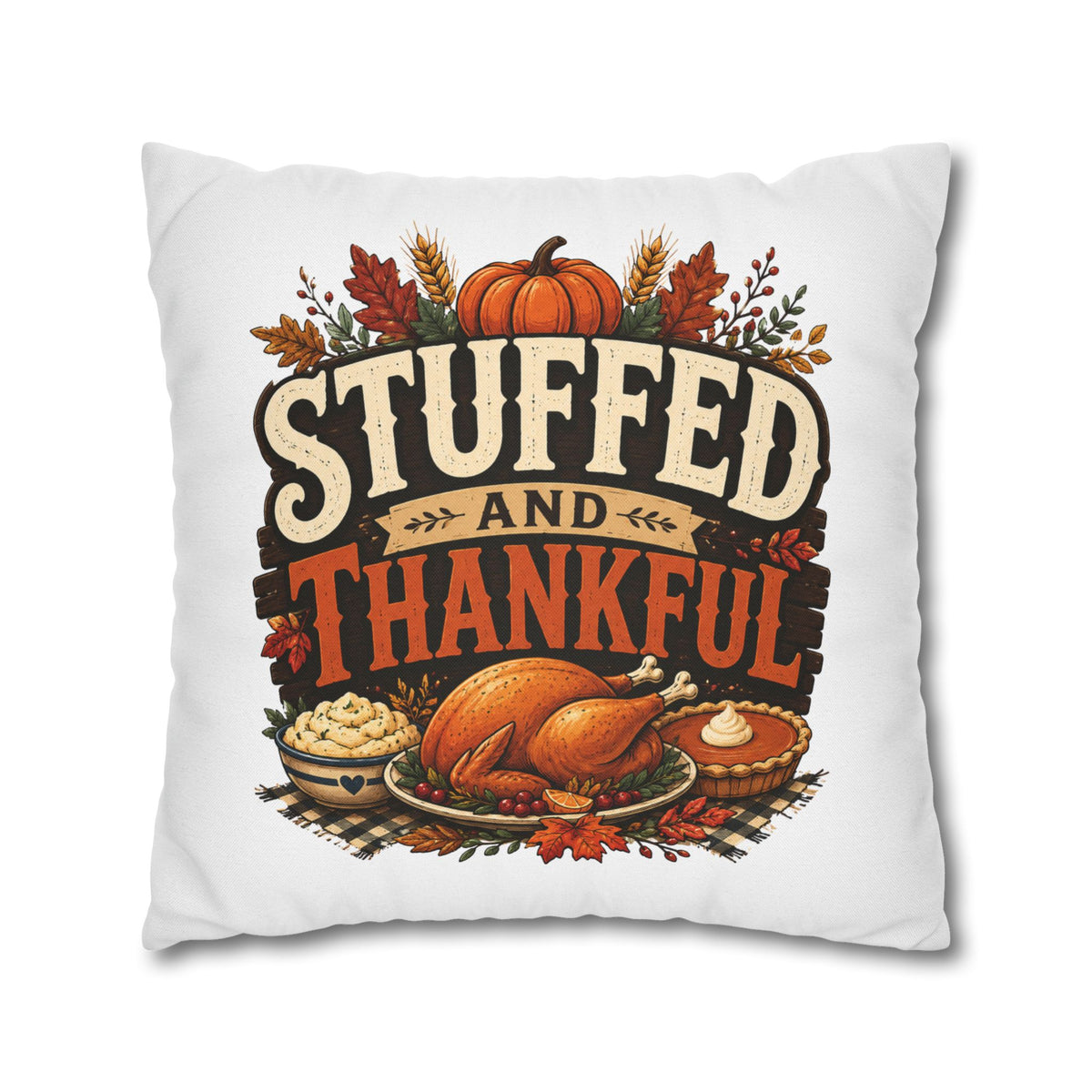 Thanksgiving Decorative Pillowcase – “Stuffed and Thankful” Autumn Throw Pillowcase