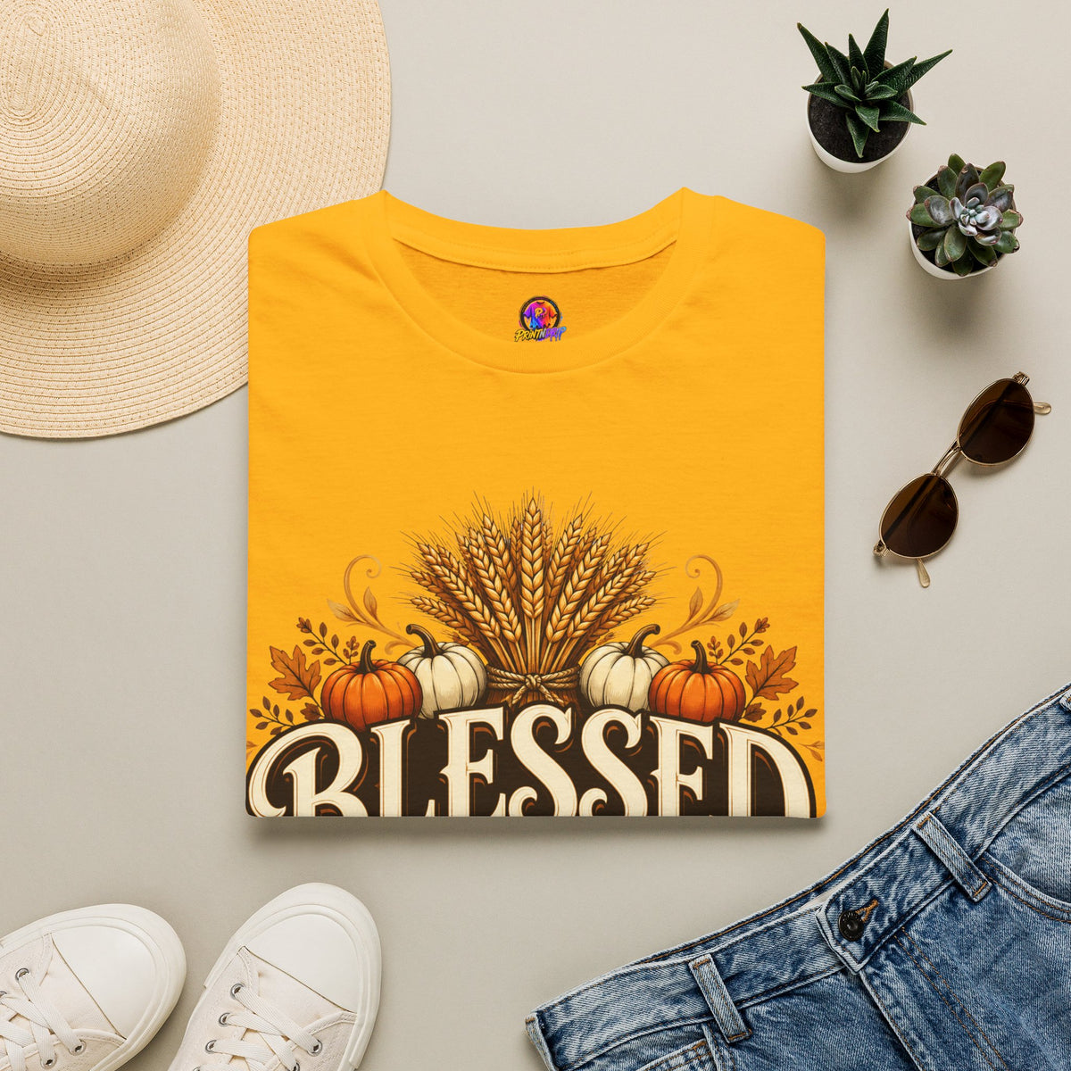 Thanksgiving T-Shirt Blessed Beyond Measure T-Shirt — Fall Harvest Pumpkin & Wheat Tee
