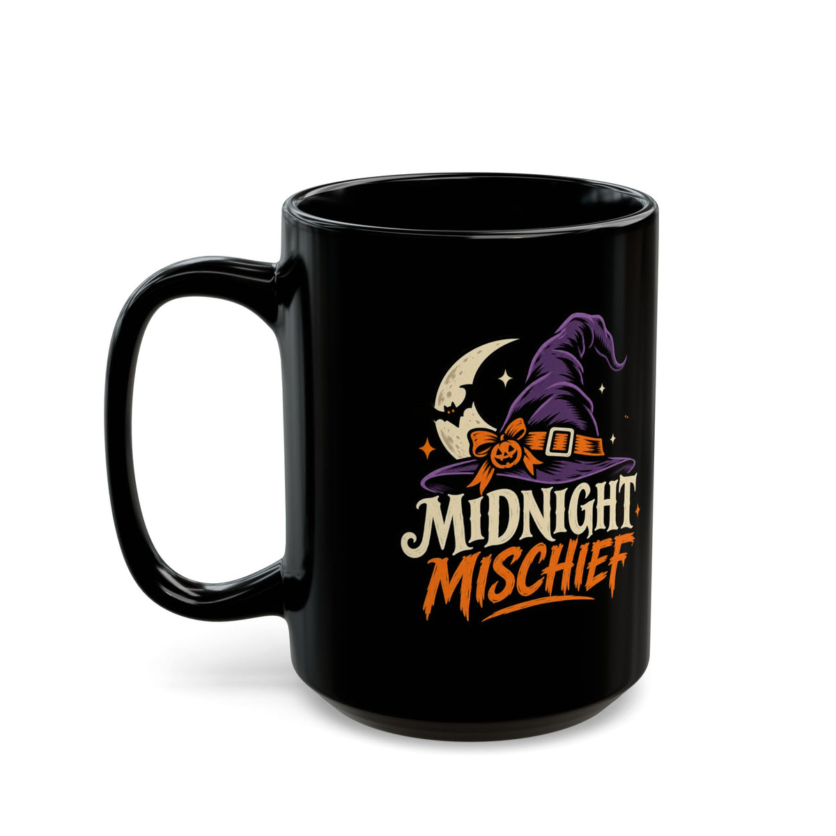 Midnight Mischief Halloween Mug — Witch Hat Moon Design (11oz/15oz Black)